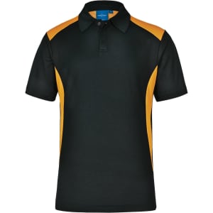 A black and orange polo shirt featuring short sleeves and a collar, with a logo on the upper left side.