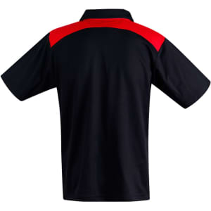 A black polo shirt with red accents, featuring short sleeves and a collar. It has a small logo on the front.