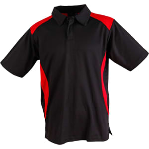 A black polo shirt with red side panels and a collar, featuring a logo on the chest.