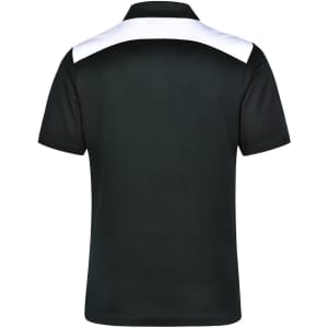A black polo shirt with a white collar and shoulder detailing. It features a logo on the back.