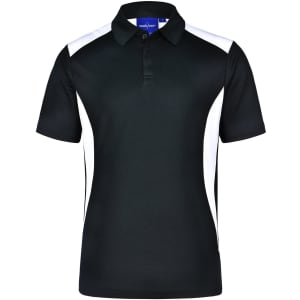Men's polo shirt in black with white side panels and a collar. Features a logo on the chest area.