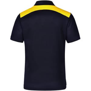 A navy polo shirt featuring a yellow collar and shoulder detailing, with a logo on the back.