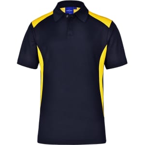 A navy and yellow Men's Winner Polo with a collar and short sleeves, featuring a logo.