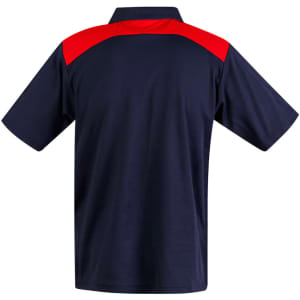 A navy and red men's polo shirt featuring a classic collar and a logo on the back.