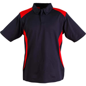 A navy polo shirt with red accents, featuring a collar and short sleeves. Includes a logo on the chest.