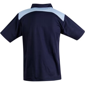 A navy blue polo shirt with a light blue upper back and a collar. It features a logo on the front.