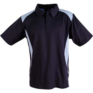 A navy polo shirt with light blue accents and a collar, featuring a logo.