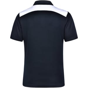 A black polo shirt featuring a white panel on the back. It has a collar and is designed for men.