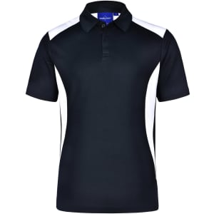 A black polo shirt with white side panels and a collar. It features a logo on the front.