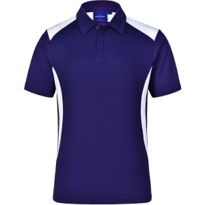 A Men's Winner Polo in dark purple with white side panels and a collar, featuring a logo on the chest.