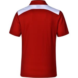 A red men's polo shirt with white accents on the shoulder and a logo on the back.