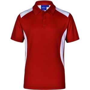 A red polo shirt with white side panels and a collar, featuring a small logo on the chest.