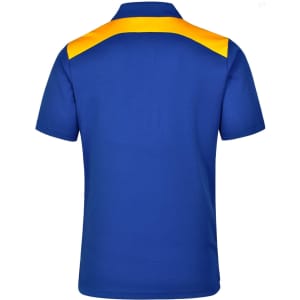 A blue polo shirt featuring an orange-coloured panel across the shoulders, with a logo on the chest.