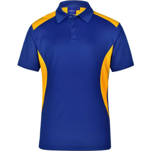 A blue and yellow Men's Winner Polo shirt with a collared neck and short sleeves, featuring a logo on the front.