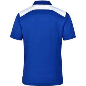 A blue polo shirt with white detailing on the shoulders and a logo on the back.