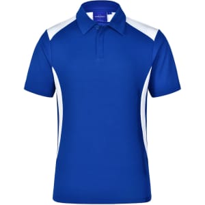 A blue polo shirt featuring white side accents and a collar, with a logo on the chest area.