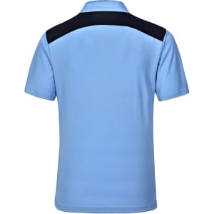 A light blue polo shirt featuring a black back panel and a logo on the chest. Short sleeves and a classic collar design.