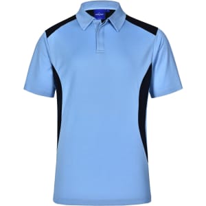 Light blue polo shirt with black side panels and a classic collar. Features a branding logo on the chest.