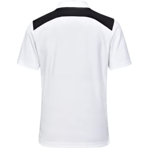 A white polo shirt with black accents on the shoulders and a logo on the back.