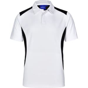 A white polo shirt with black side panels and a collar. Features a logo on the chest.