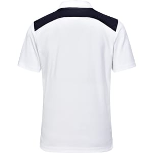 A white men's polo shirt featuring a navy back panel and a logo on the rear.