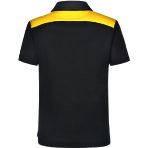 A children's polo shirt featuring a black body with a yellow upper back, including a logo on the front.