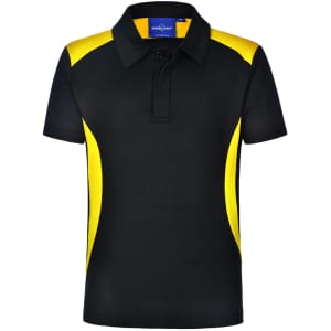 A black polo shirt with yellow side panels and a collar, featuring a logo on the chest.