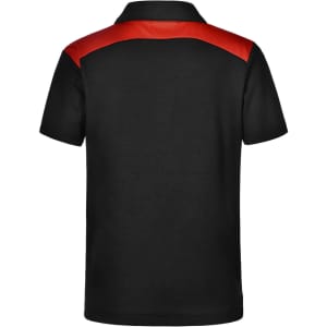 A black polo shirt with red detailing on the shoulders, featuring a collar. It has a logo on the front.