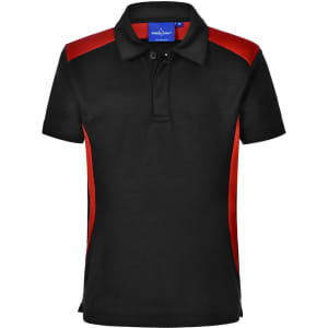 A black polo shirt featuring red side panels and a collar, with a logo on the chest.