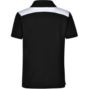 A children's polo shirt in black with a white panel across the shoulders. Features a logo on the front.