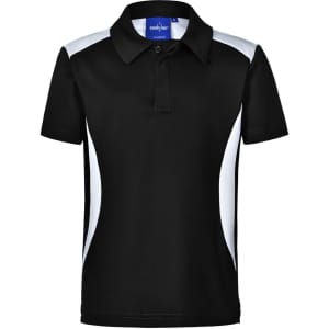 A black polo shirt with white panel details and a collar, featuring a logo on the label.