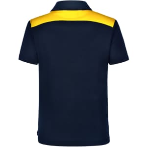 A navy blue polo shirt featuring a yellow accent on the back. It has a collar and short sleeves, with a logo.