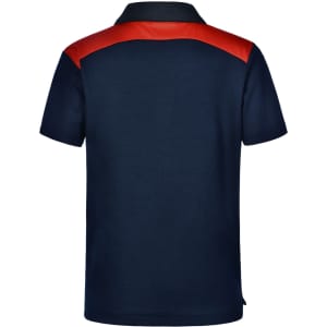 A navy polo shirt with a red shoulder design and a logo on the back. Suitable for children's wear.