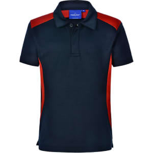 Children's polo shirt in navy with red accents and a logo on the chest. Short sleeves and a collar design.