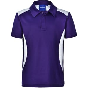 A purple children's polo shirt featuring white accents and a collar, with a logo on the inner label.