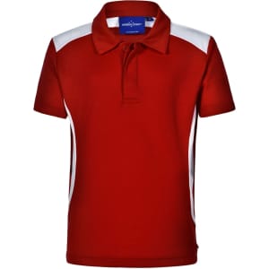 A red polo shirt with white side panels and a collar, featuring a logo on the inside neckline.