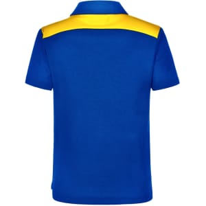 A blue polo shirt with a yellow collar and back section, featuring a logo on the side.