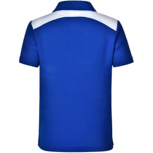 A blue children's polo shirt featuring a white shoulder design and a logo on the back.