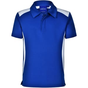 A blue children's polo shirt featuring white side panels and a collar, with a branded logo.