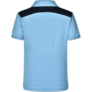 Light blue children's polo shirt with a black shoulder panel and a logo on the back.