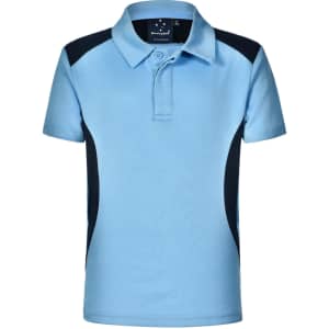 A light blue polo shirt with dark blue accents, featuring a collar and short sleeves. It has a logo on the label.