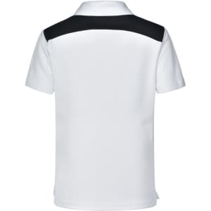 A children's polo shirt in white with a black back panel and a logo.