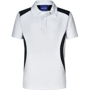 A white children's polo shirt with black side panels and a collar, featuring a logo on the upper section.