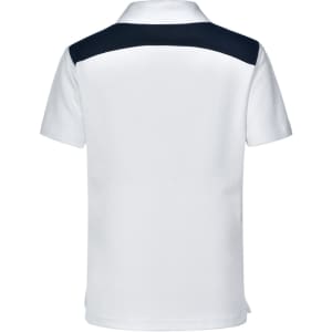 A white children's polo shirt with a navy back panel, featuring a collar and short sleeves. It has a logo.