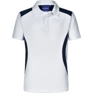 A white polo shirt featuring navy side panels and a collar. It has a branding logo on the neckline.