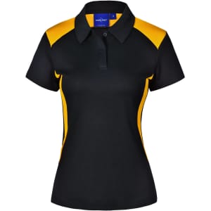 A black and yellow ladies' polo shirt featuring a collar and short sleeves, with a branding logo on the chest.