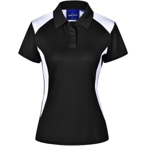 A black polo shirt with white side panels, featuring a collar and a logo on the upper part.