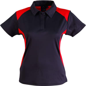 A ladies' polo shirt in navy with red accents, featuring a classic collar and a logo on the chest.