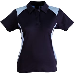 A navy and light blue polo shirt for women, featuring a collar and short sleeves, with a logo on the chest.