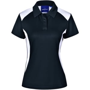 A black ladies' polo shirt with white side panels and a collar, featuring a logo on the chest.